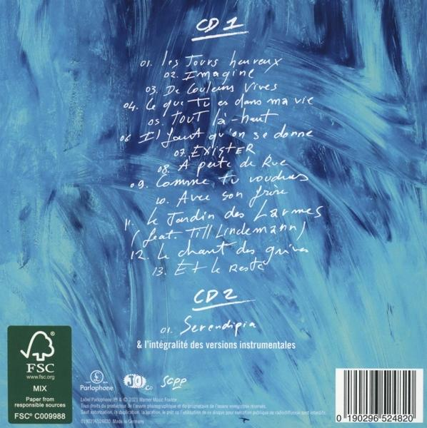 Die Rückseite einer CD mit französischen Titeln, einem grünen FSC-Logo und Text.