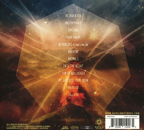 Die Rückseite einer CD, mit einer Grafik eines Vulkans und Songtiteln.