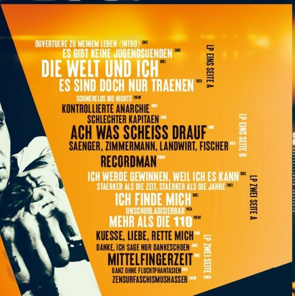 Ein farbenfrohes Albumcover mit Songtiteln und Text auf Deutsch.