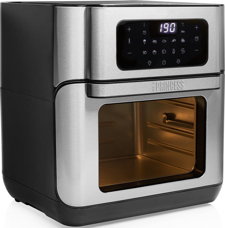 Schwarz-silberne Princess Heißluftfritteuse mit Digitalanzeige. Zeigt Temperatur auf 190 Grad Celsius.