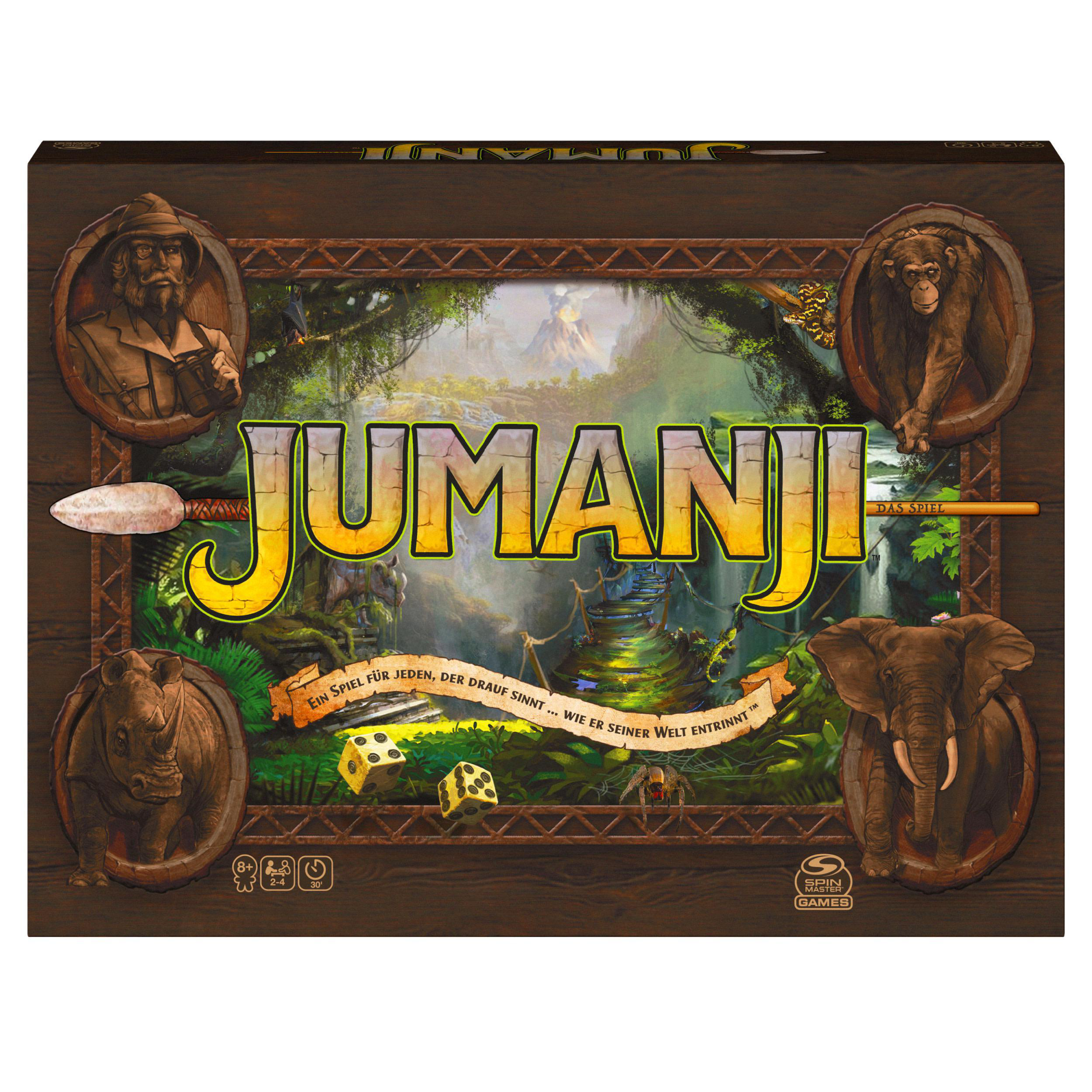 Jumanji-Brettspielbox mit Dschungelszene, Holzrahmen und Tierillustrationen.