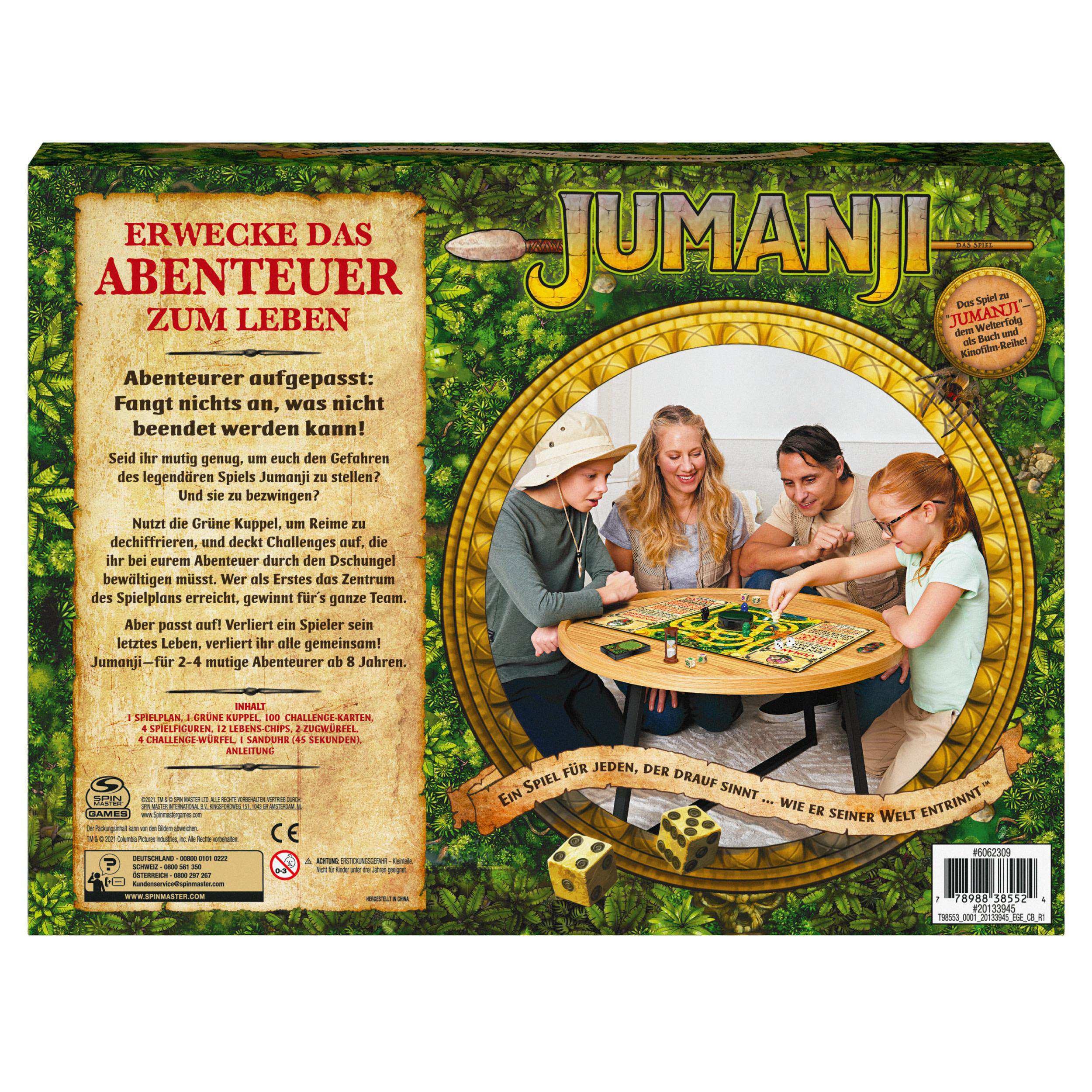Leute spielen ein Jumanji-Brettspiel. Das Spielbrett liegt in der Mitte des Tisches.