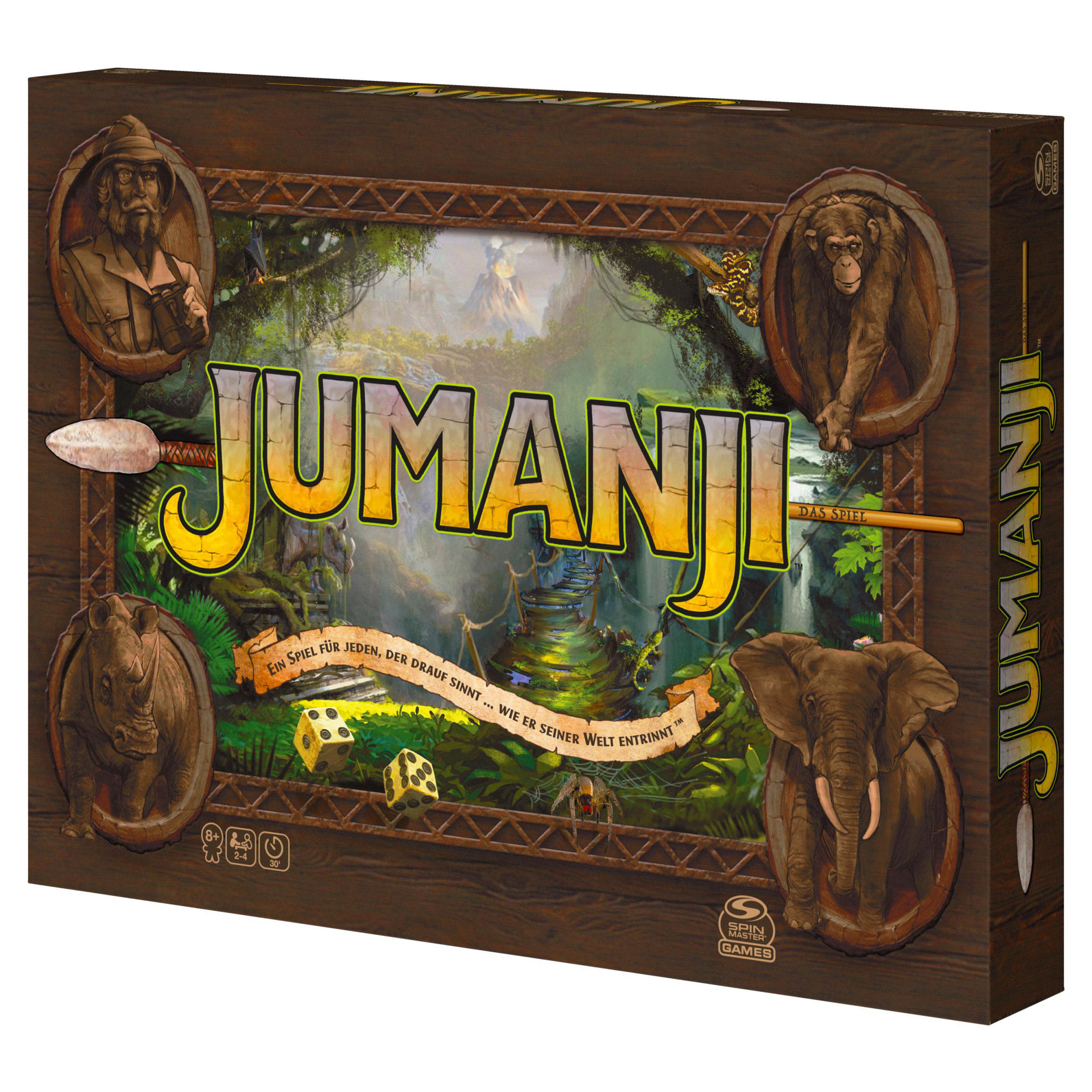 Jumanji-Brettspielbox. Enthält den Titel des Spiels und verschiedene Illustrationen. Braune Farbe.