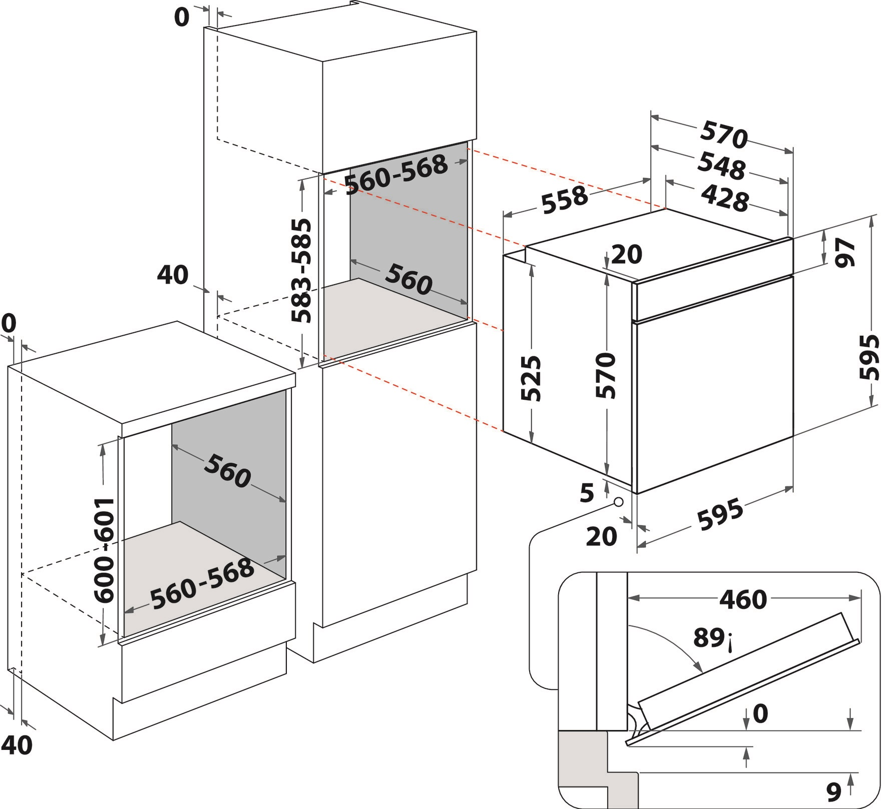Diagramm eines Einbauküchengeräts mit Abmessungen.