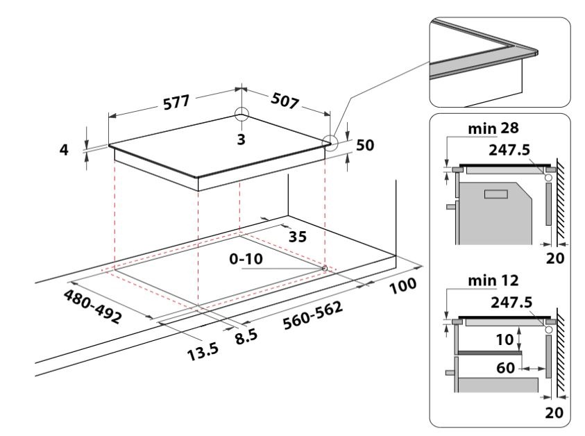 Technische Zeichnung eines Kochfelds mit Abmessungen und Ausschnittspezifikationen.