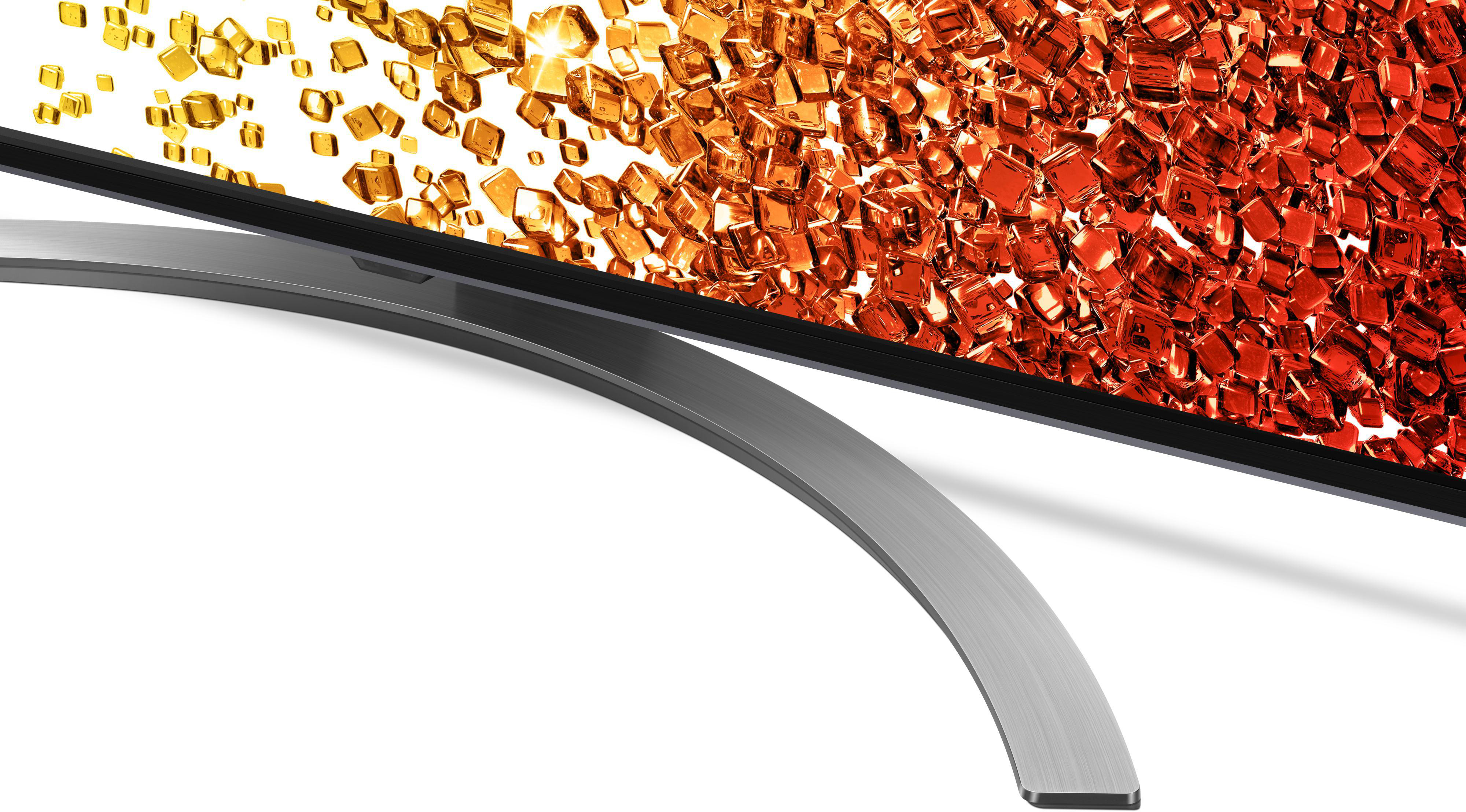 Ein geschwungener TV-Ständer mit geschwungenem Bildschirm und Golddetails.
