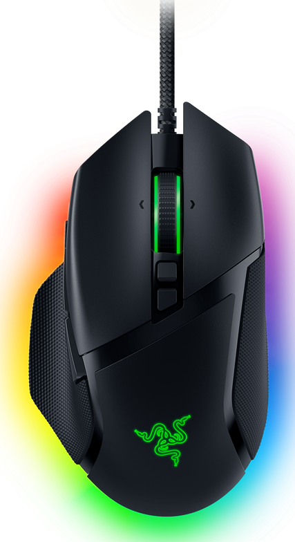 Schwarze Razer Gaming-Maus mit grünen Akzenten und einem grün leuchtenden Razer-Logo.