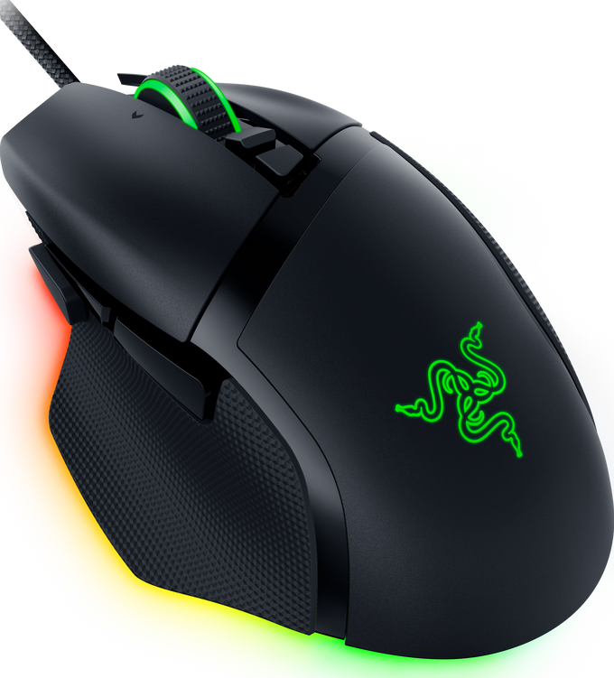 Schwarze Gaming-Maus mit grünen Akzenten, Lichtern und strukturierter Oberfläche.