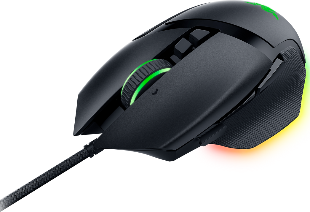 Schwarze Gaming-Maus mit farbigen Lichtern an der Seite und am Scrollrad. Razer-Markenname nicht sichtbar.