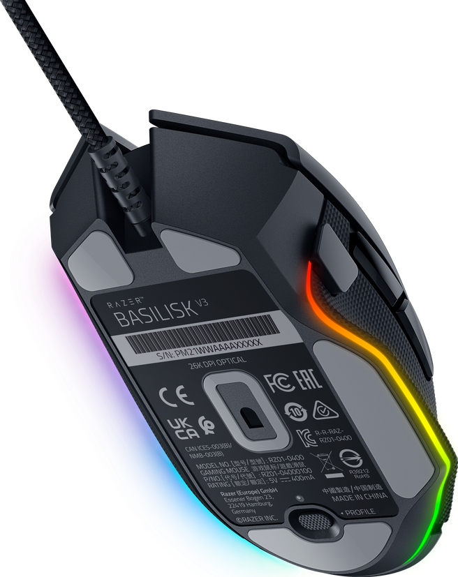 Razer Gaming-Maus mit beleuchteten Kanten und Unterseite, schwarze Farbe.