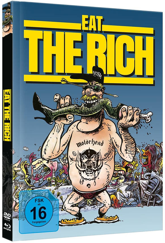 DVD-Cover, Cartoonbild eines Mannes, der eine Person trägt, mit Bandlogo und den Worten 'EAT THE RICH'.