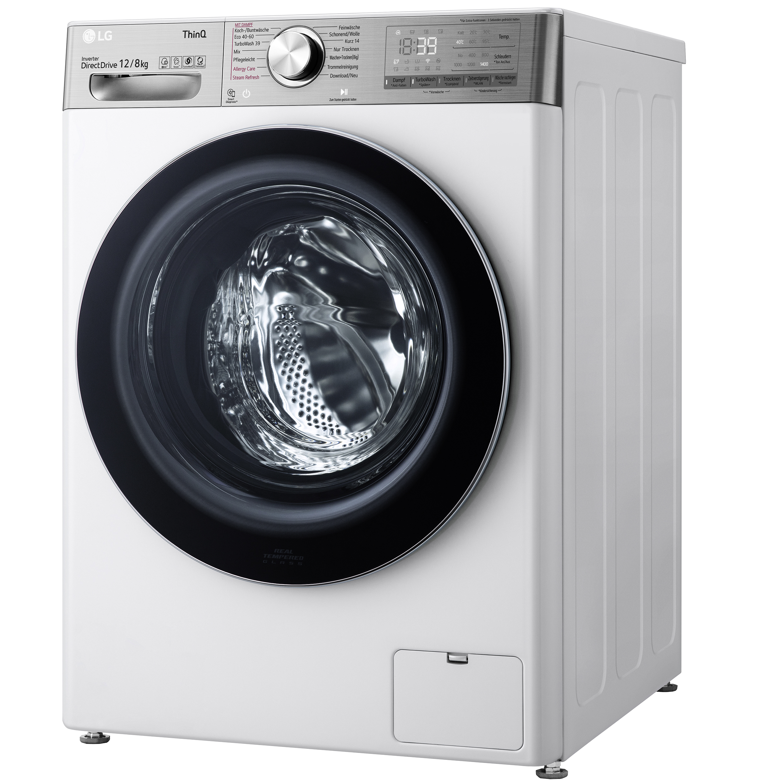 Eine weiße Waschmaschine mit schwarzer Tür und Bedienfeld.