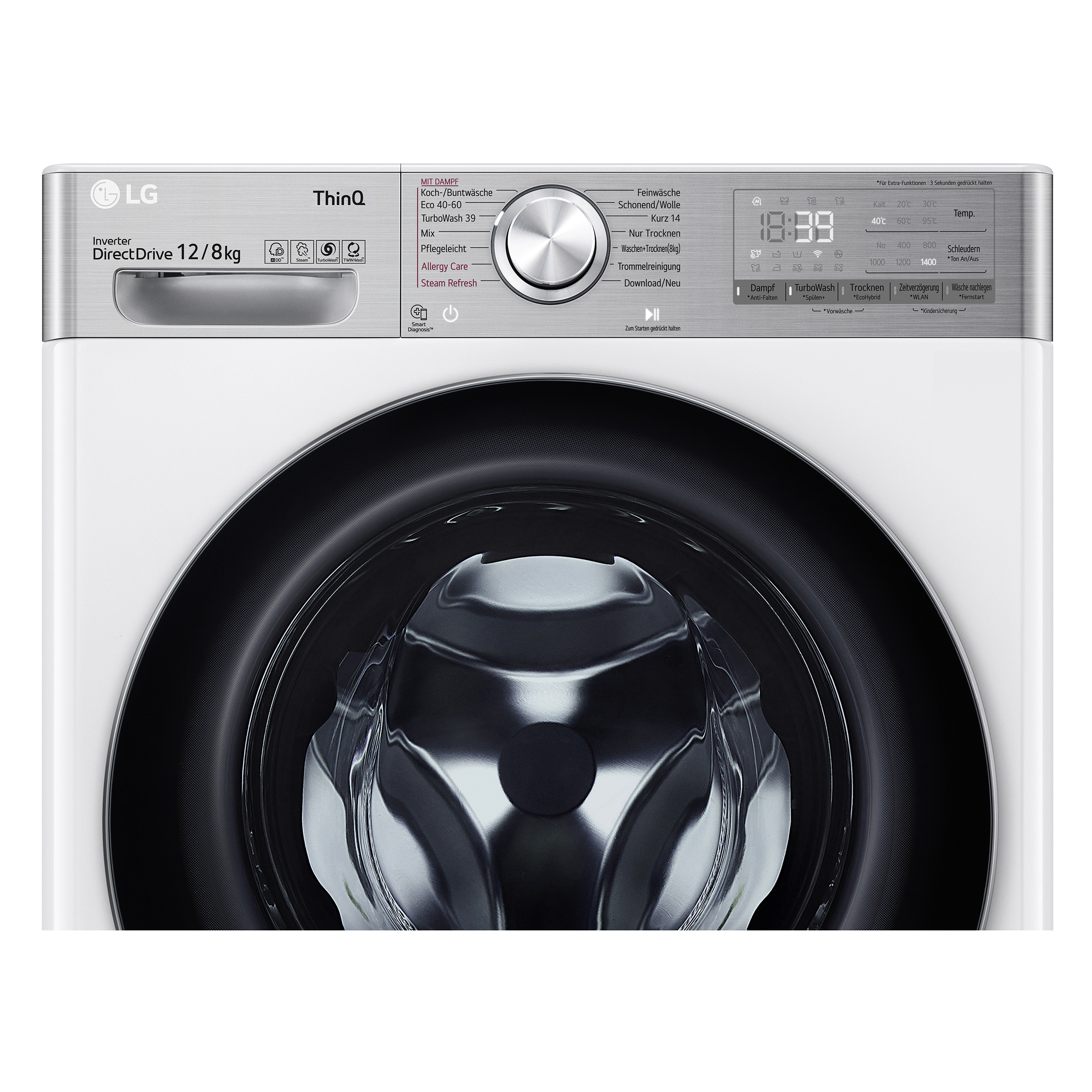 Weiße LG Waschmaschine, Vorderansicht mit Digitalanzeige und Bedientasten.