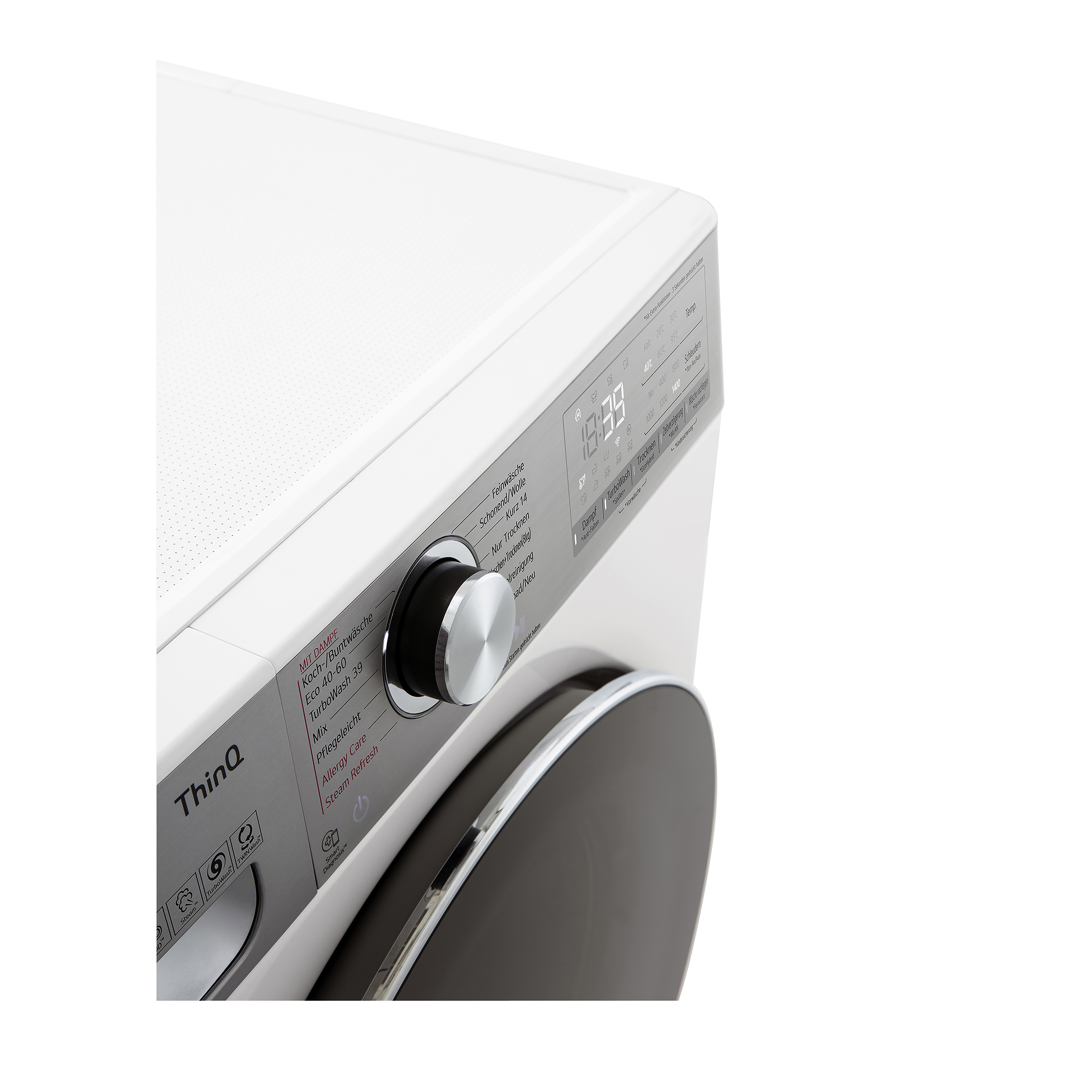 Nahaufnahme des weißen Bedienfelds der LG-Waschmaschine.