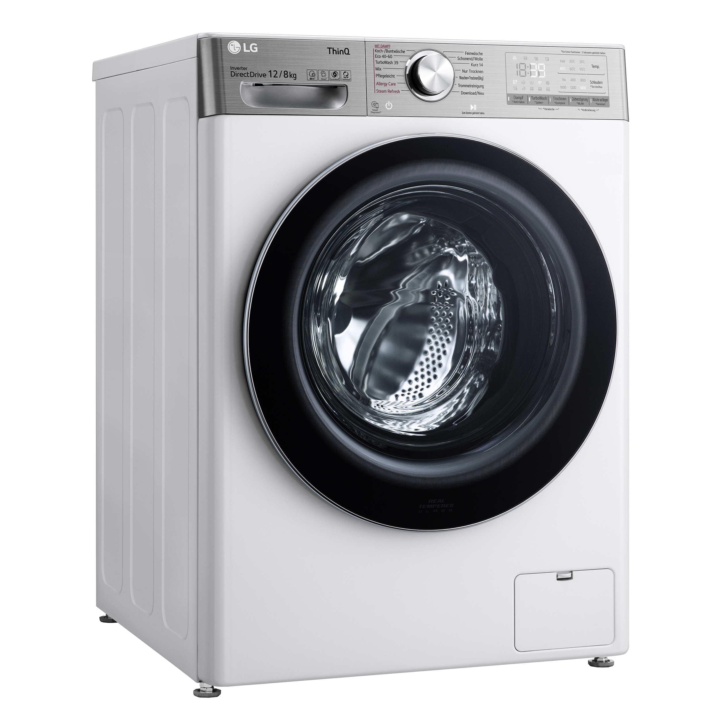 Eine weiße LG Waschmaschine mit schwarzer Tür, Vorderansicht.