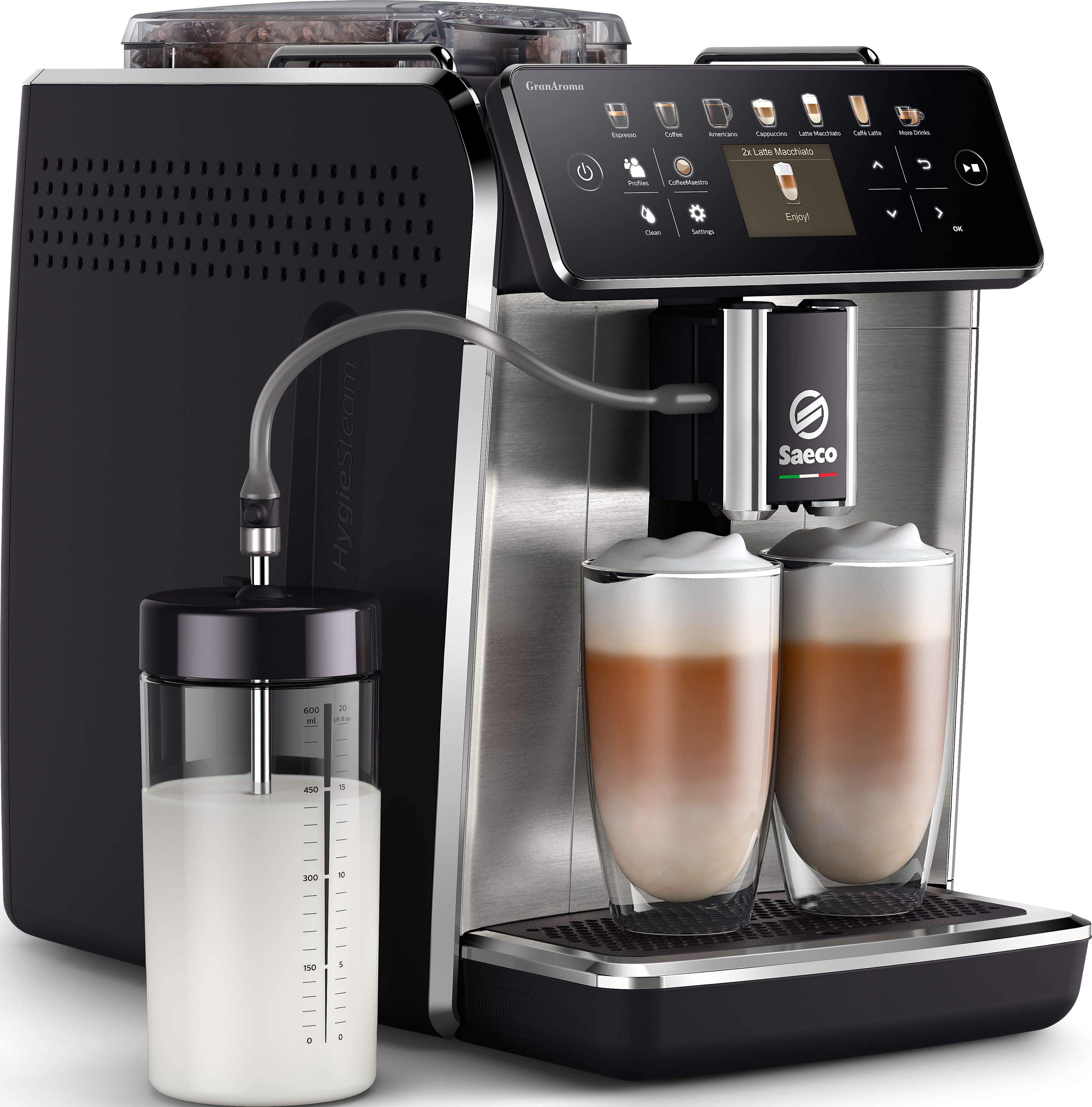 Macchina da caffè con due bicchieri di latte macchiato e un contenitore di latte.