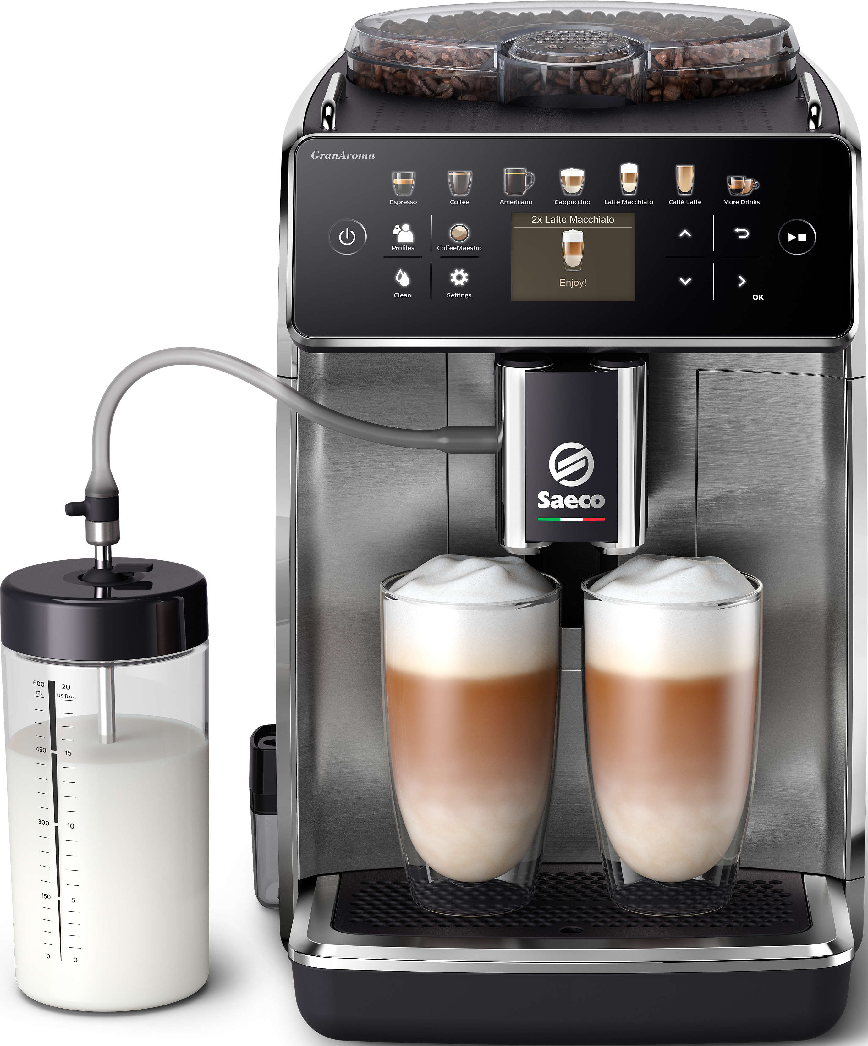 Macchina da caffè con due bicchieri di latte macchiato, contenitore del latte e pannello di controllo.