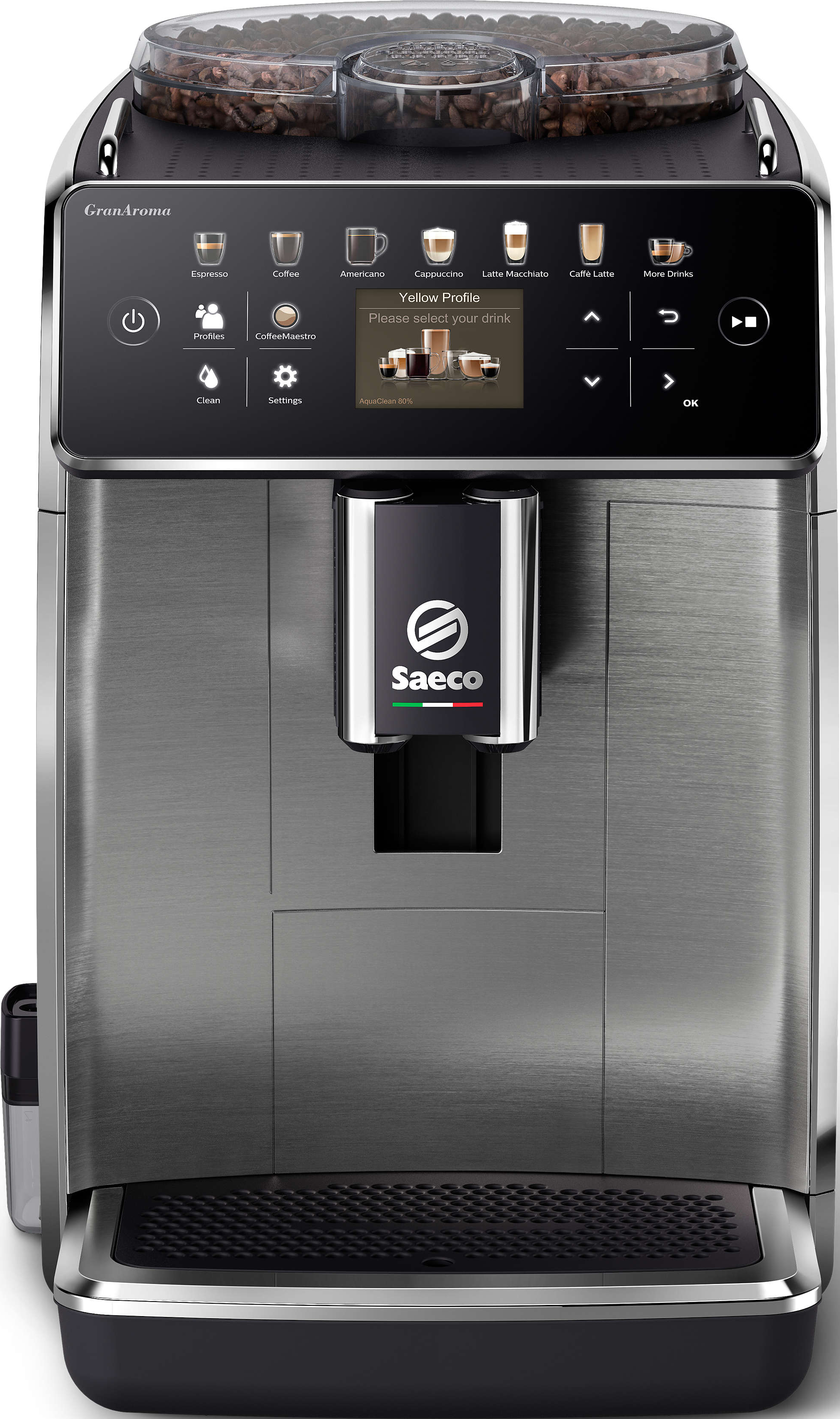 Una macchina per espresso Saeco argentata con touchscreen e contenitore per chicchi di caffè sopra.