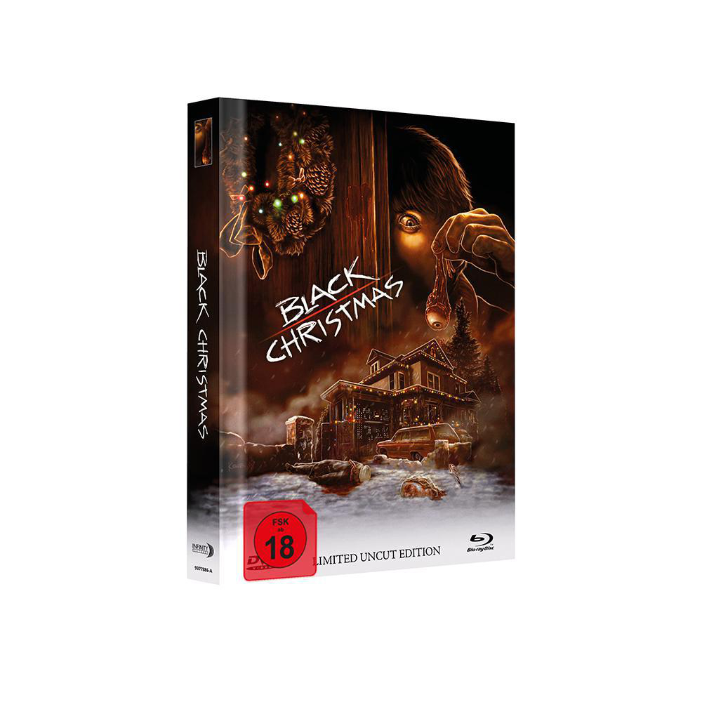 Filmcover: Black Christmas. Haus, Person im Dunkeln und Weihnachtsdekorationen.