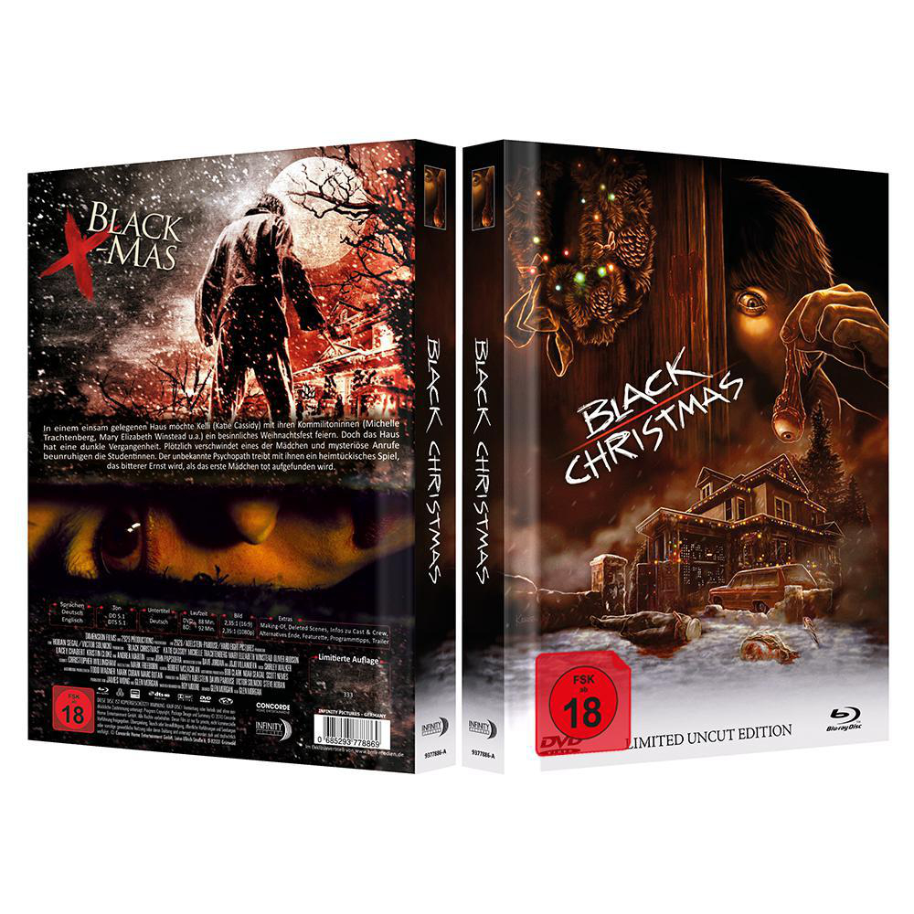Black Christmas Film-DVD-Hülle. Die Vorderseite zeigt ein verschneites Haus, die Rückseite einen Mann.
