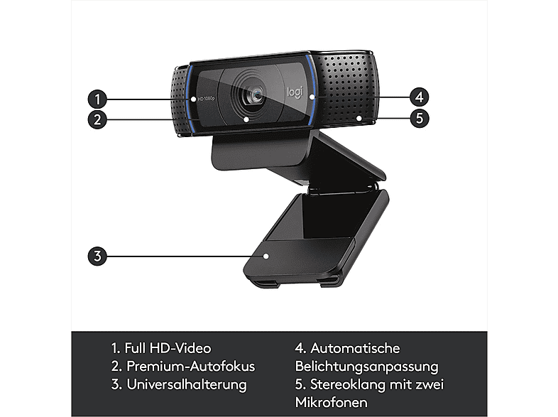 Logitech HD Pro C920 Full HD-Webcam 1920 x 1080 Pixel Klemm-Halterung — Foto 6 von 6