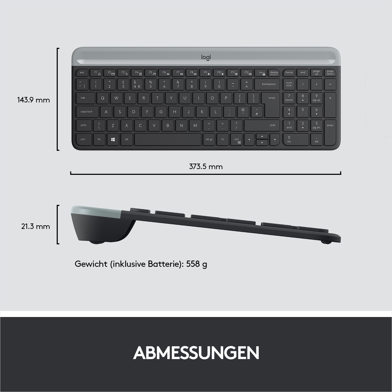 Eine schwarz-graue Logitech-Tastatur mit Maßen und Text auf Deutsch. Tasten sind sichtbar.