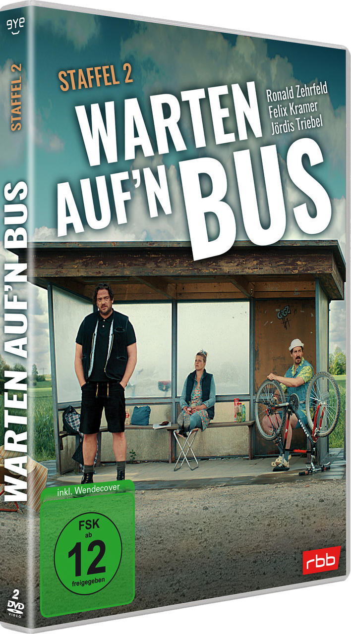 DVD-Cover einer deutschen Fernsehsendung. Drei Personen an einer Bushaltestelle. Titel: Warten auf'n Bus.