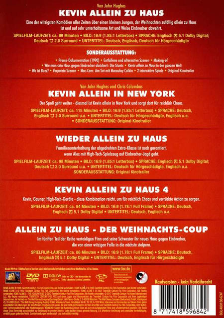 Rückseite einer DVD-Hülle mit Text über Kevin allein zu Haus-Filme.