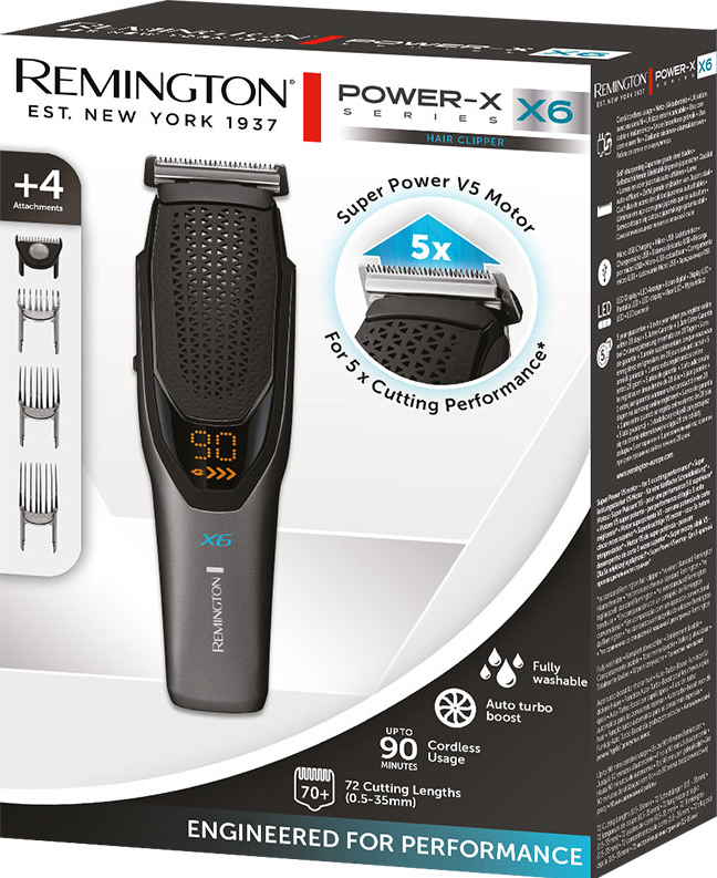 Remington Power-X6 Haarschneider. Die Box zeigt den Trimmer und die Aufsätze und Text.