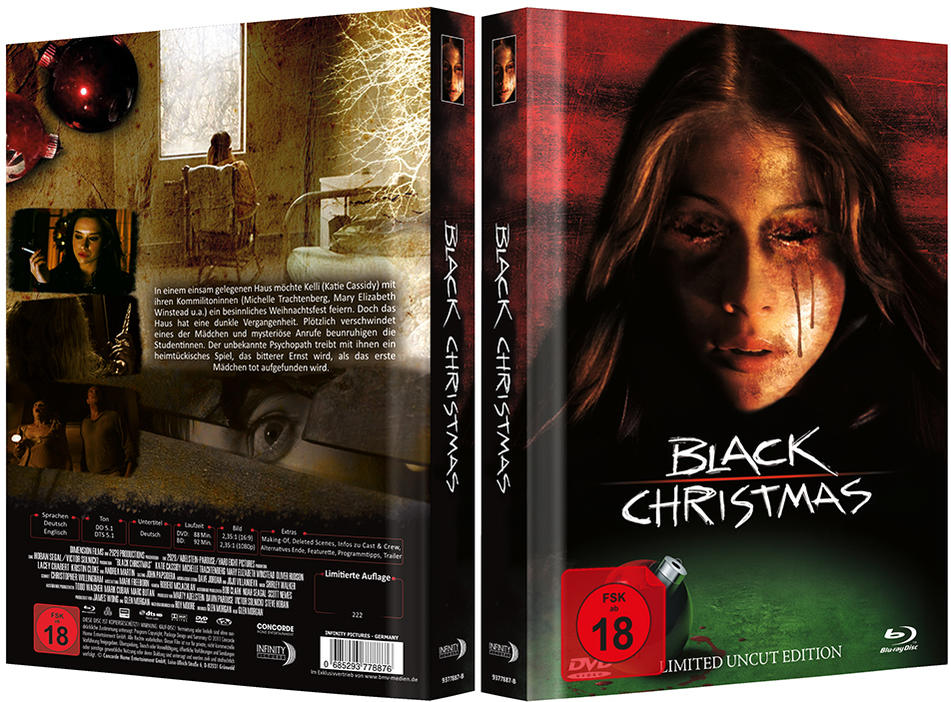 DVD-Cover für 'Black Christmas', mit einem Frauengesicht und Christbaumschmuck.