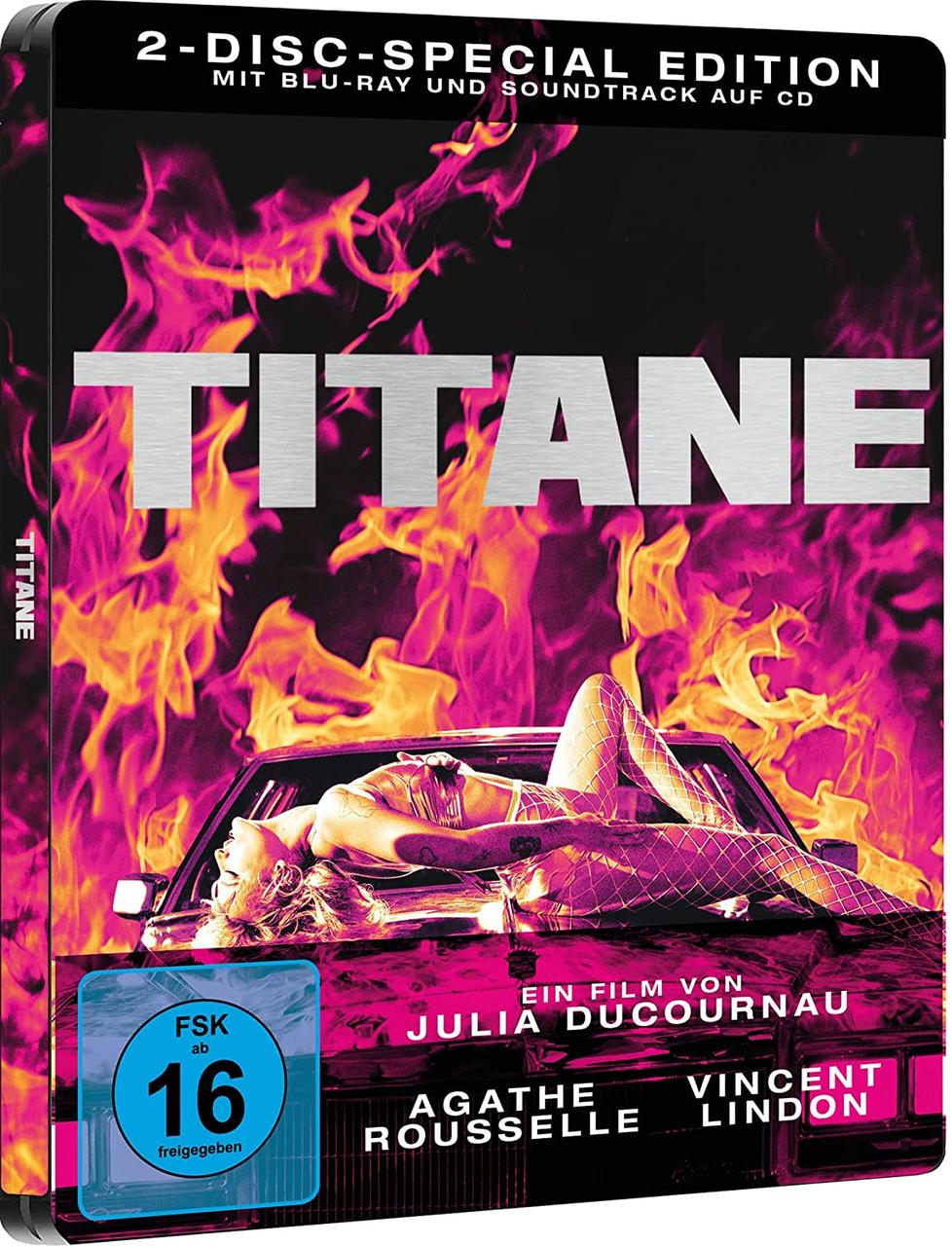 DVD-Cover des Films 'Titane'. Zeigt eine Frau in Flammen auf dem Auto, mit Text.