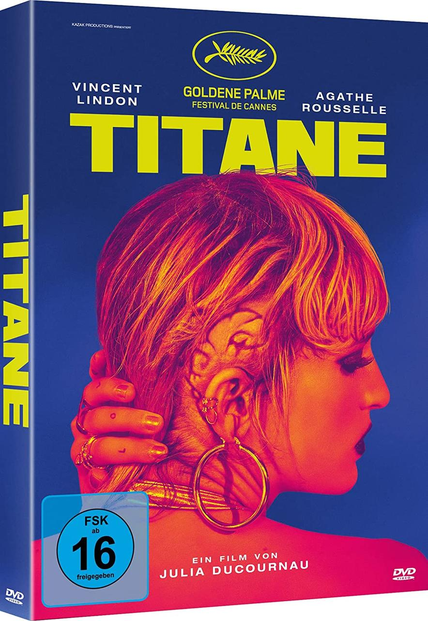 DVD-Cover für den Film 'Titane' mit einer Frau mit orangefarbenem Haar.