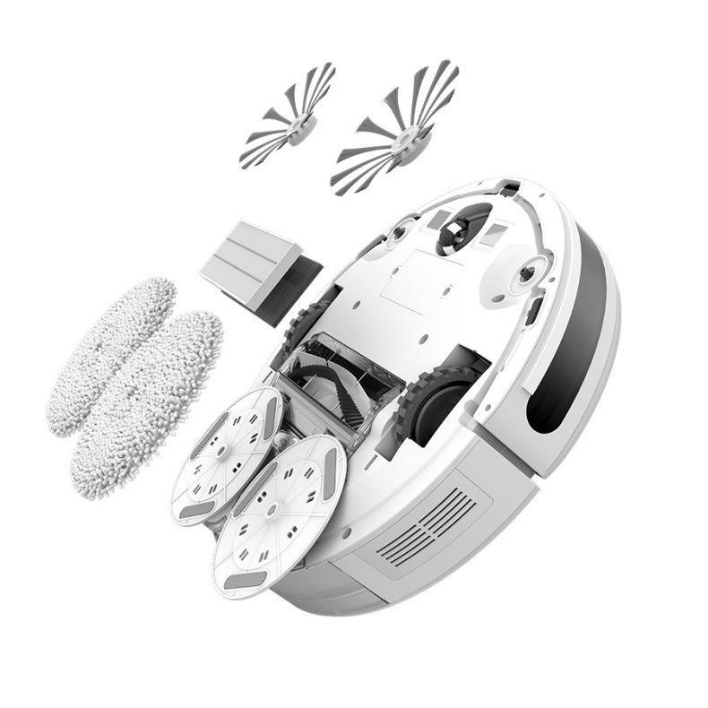 Die Unterseite eines Roboter-Staubsaugers, mit Reinigungsbürsten und Rädern sichtbar.