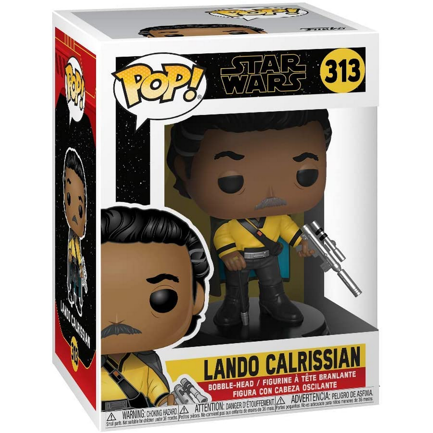 Figura Funko Pop de Lando Calrissian en caja. Figura con camisa amarilla, sosteniendo un arma.