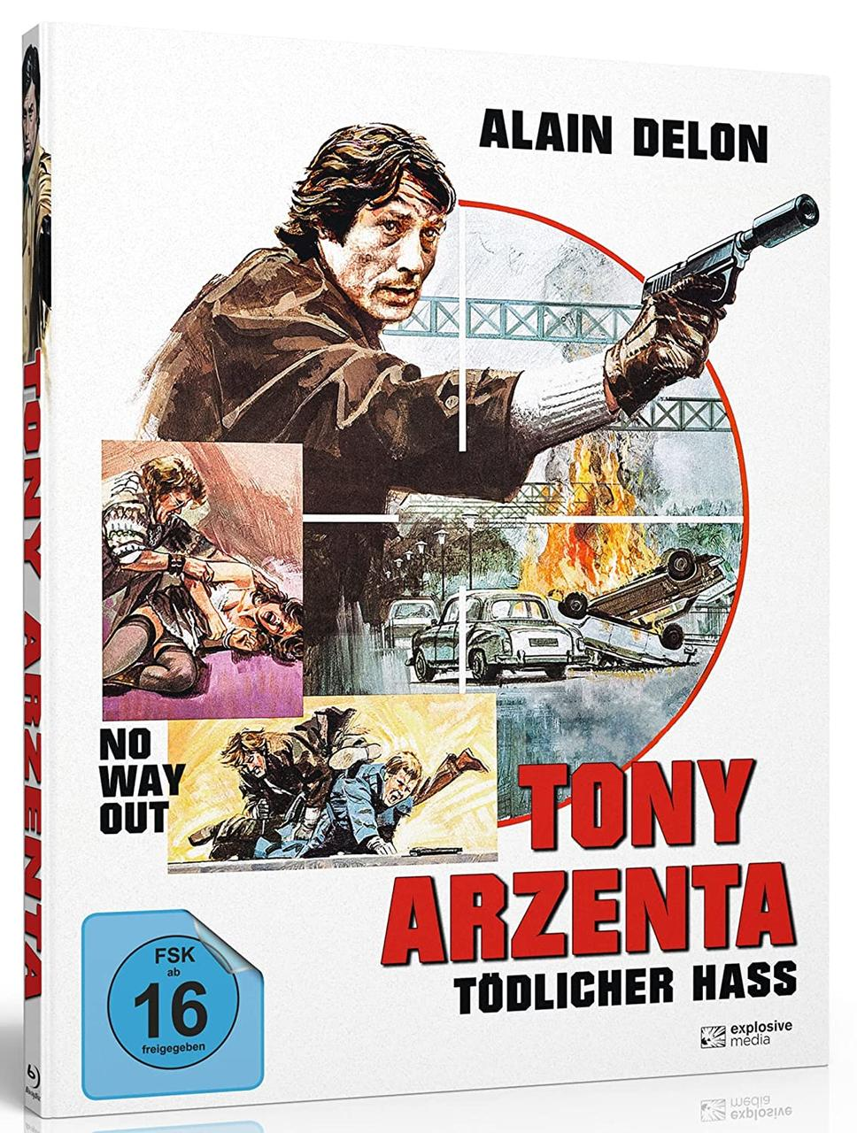 Ein Filmcover mit Alain Delon, der eine Pistole hält, und verschiedenen Actionszenen.