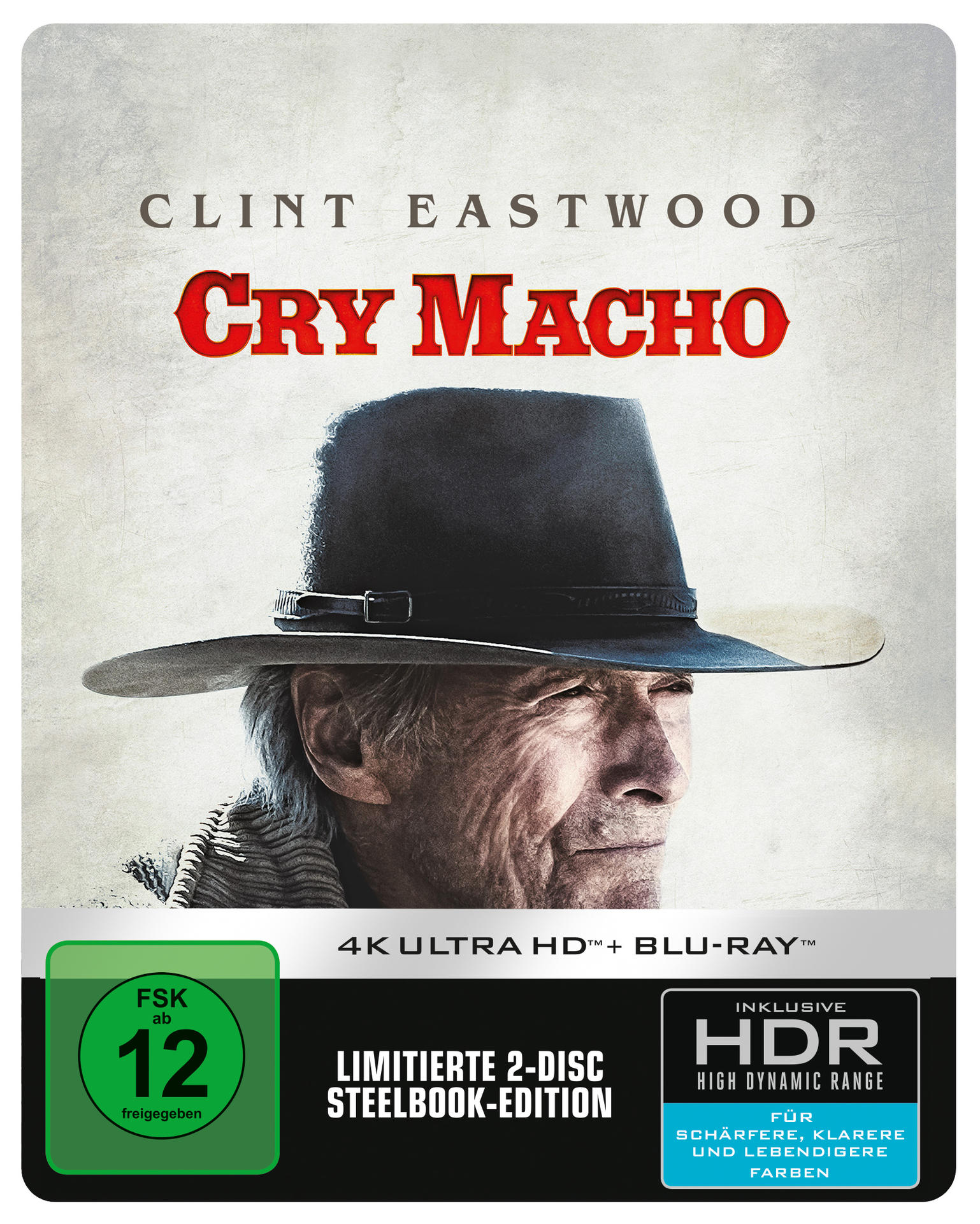 Filmposter mit Clint Eastwood, der einen Hut trägt. Der Titel lautet Cry Macho. FSK 12 und Blu-ray-Logo.
