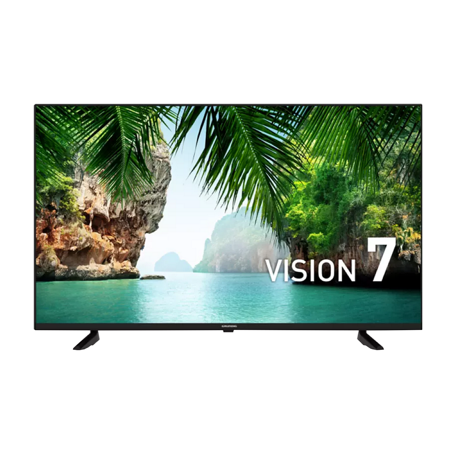 TV Grundig Vision 7 mostrando una escena de playa tropical sobre fondo negro.