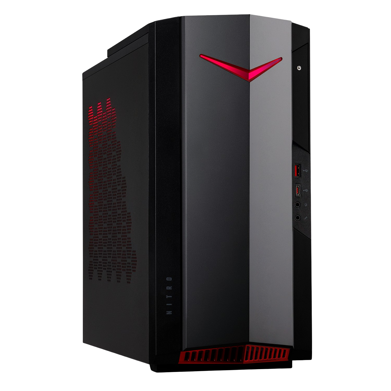 Caja de ordenador negra y roja. Luces rojas brillan a través del frente.
