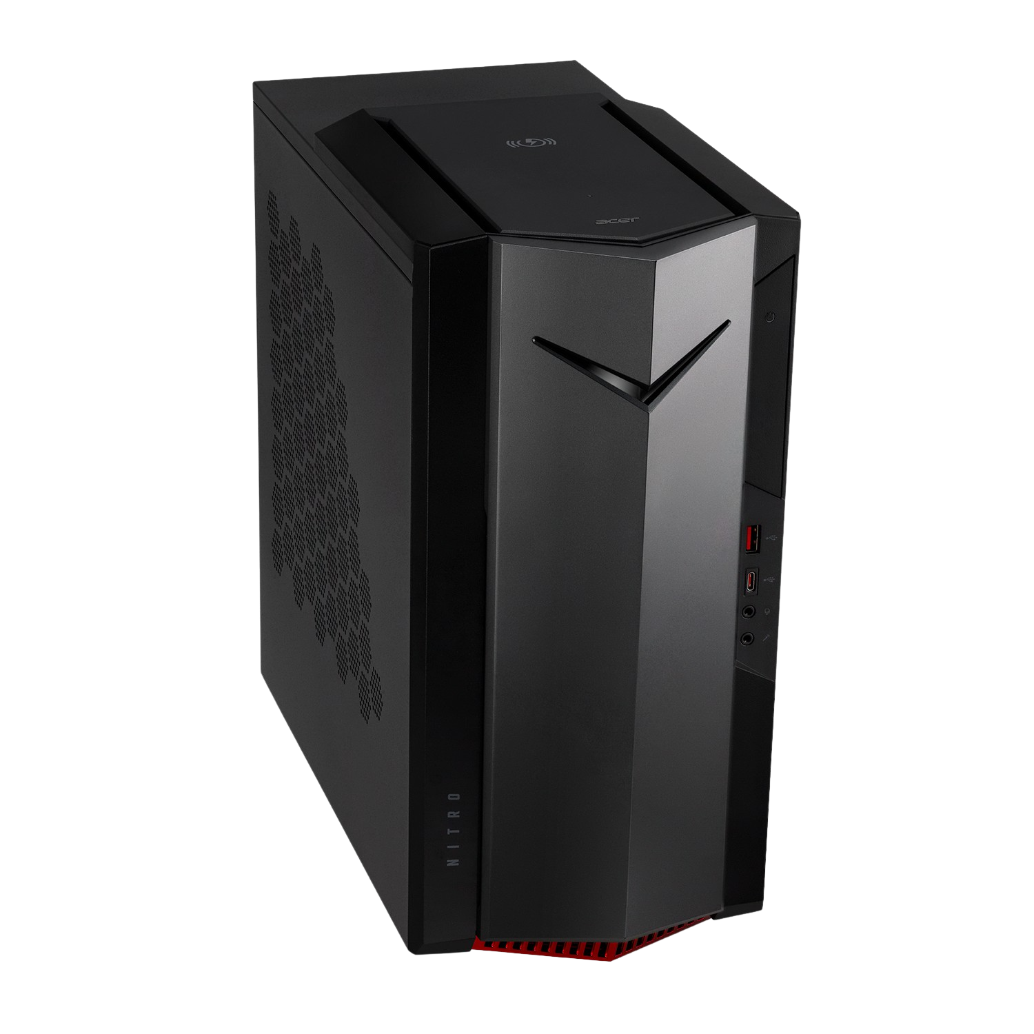 Torre de PC Acer Nitro negra con detalles rojos. Vista en ángulo.