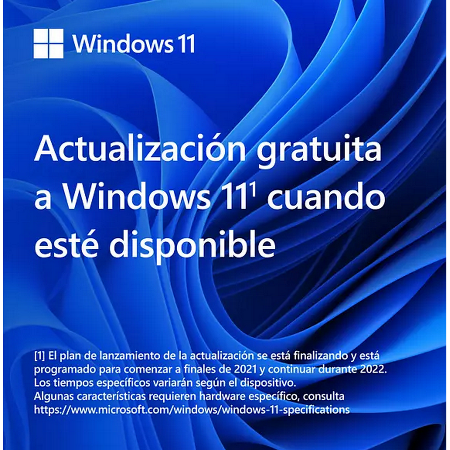 Anuncio de Windows 11 con fondo azul y texto blanco.