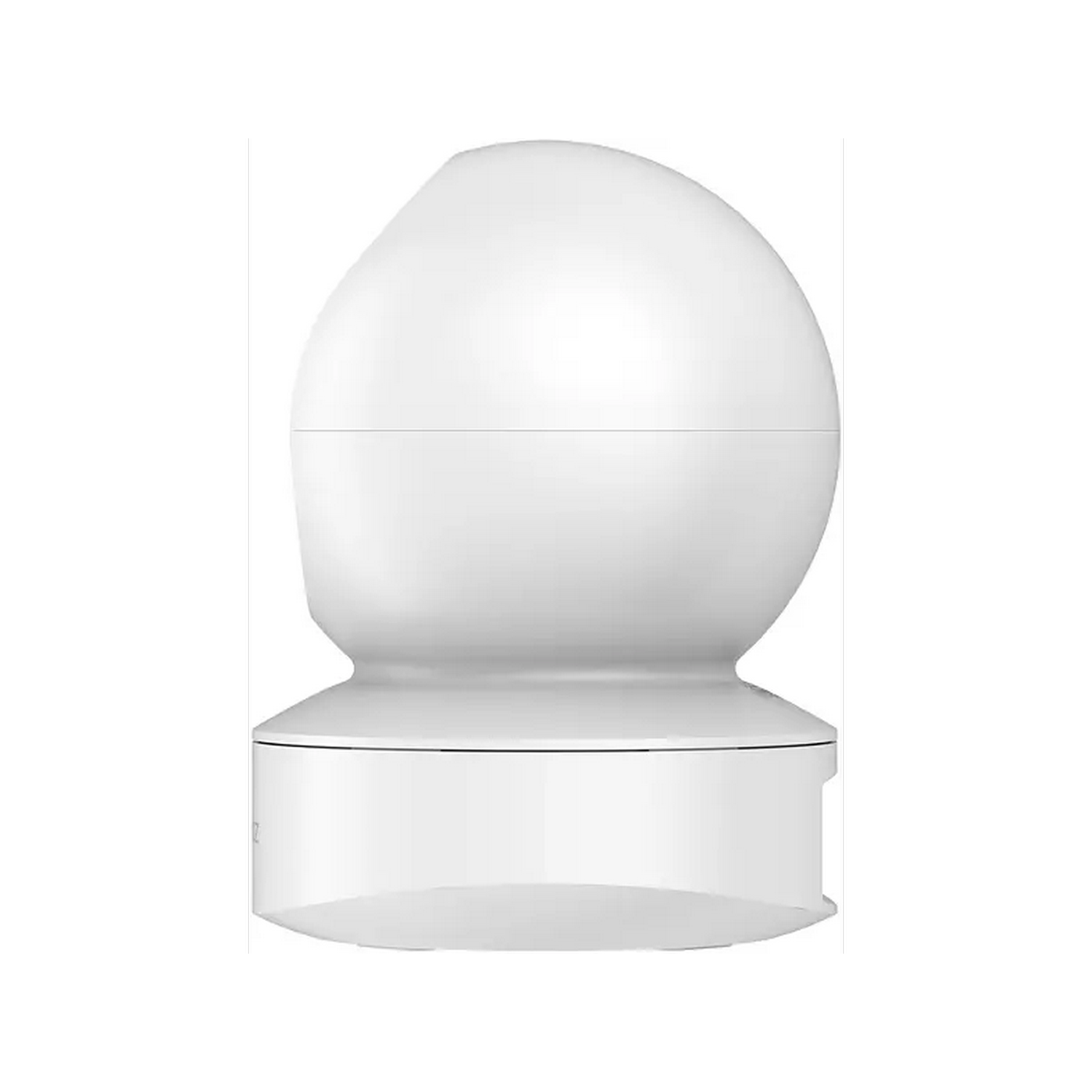 Cámara domótica blanca y redondeada. Diseño elegante, sobre superficie blanca.