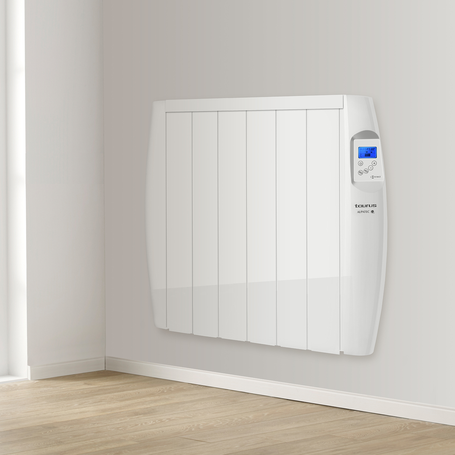 Un calefactor eléctrico blanco montado en una pared, mostrando los controles.