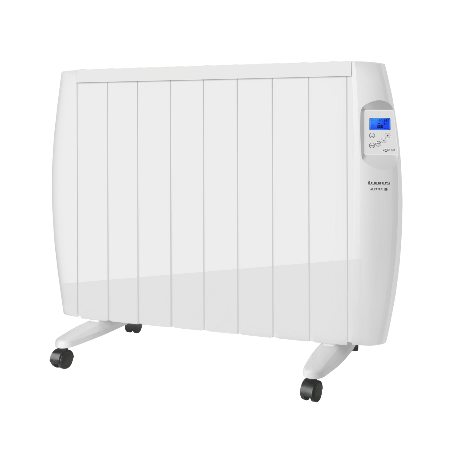 Radiador de aceite eléctrico blanco con pantalla digital y ruedas, aislado sobre negro.