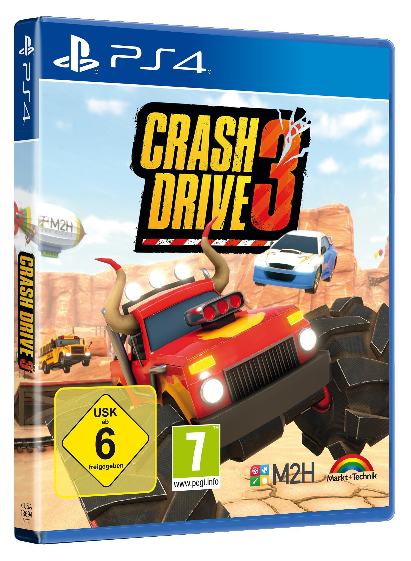 Spielbox-Art: Ein Monstertruck kollidiert mit Autos; Titel „CRASH DRIVE 3“ ist sichtbar.
