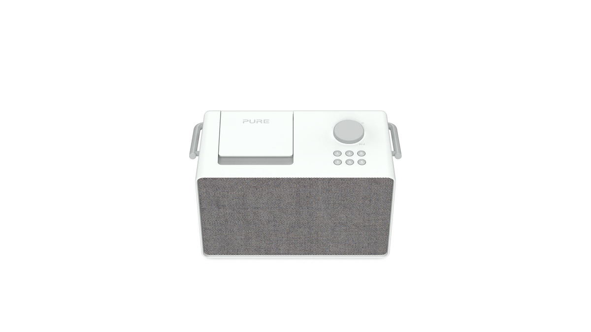 Ein weißes, rechteckiges Radio mit Lautsprecher, Display und Bedienknopf.