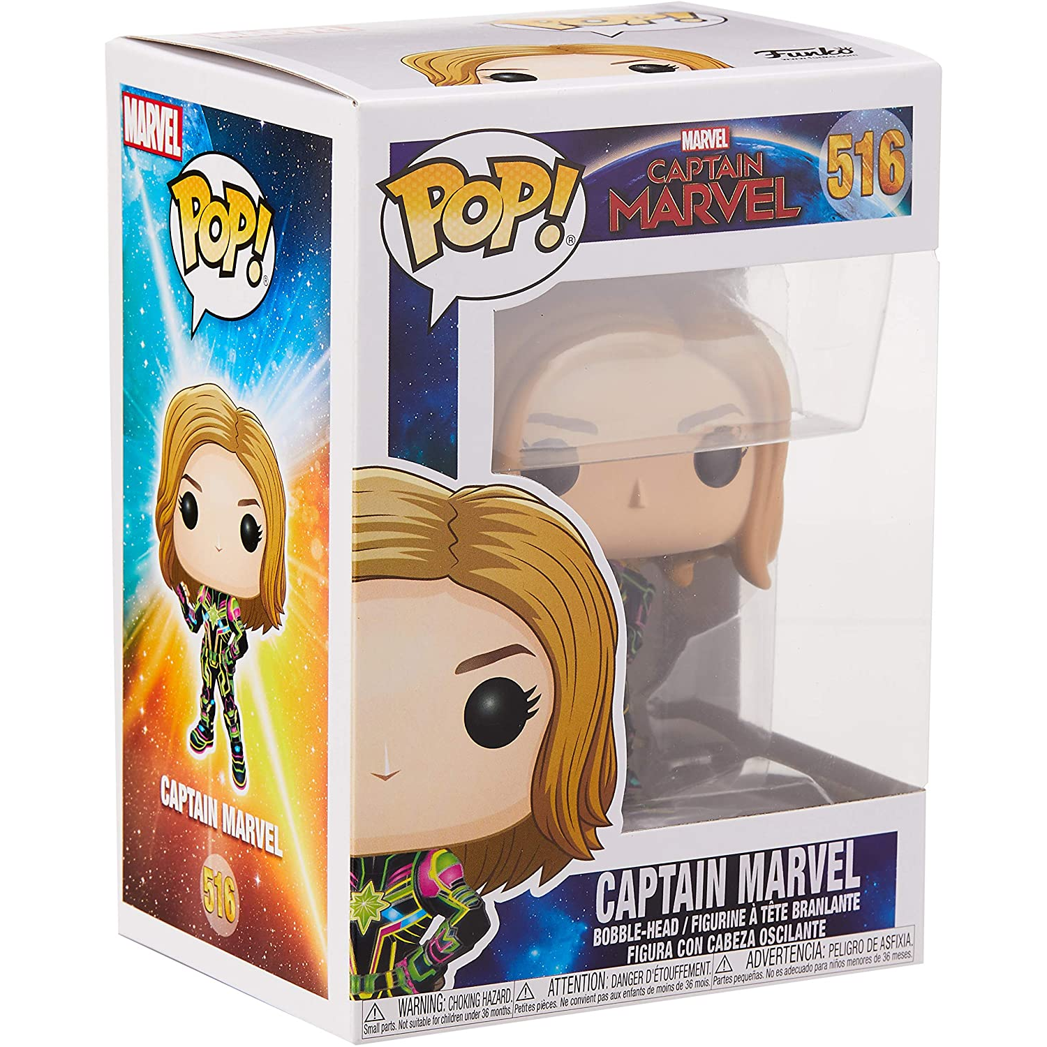 Figura Funko Pop! - Bobble Captain Marvel, Con Traje Neón, Altura de 9.5 cm, Vinilo