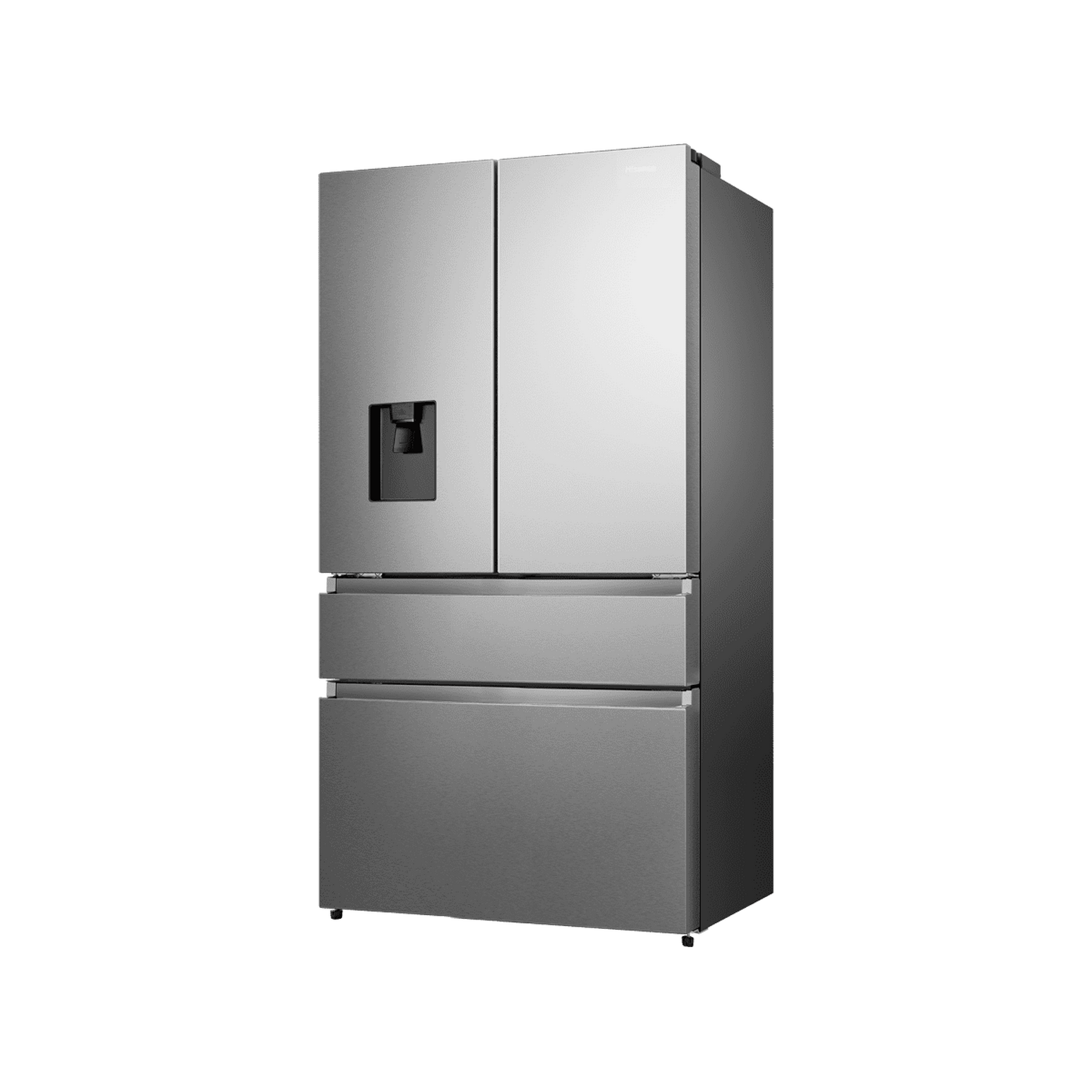 Refrigerador Hisense plateado con puertas francesas y dispensador de agua.