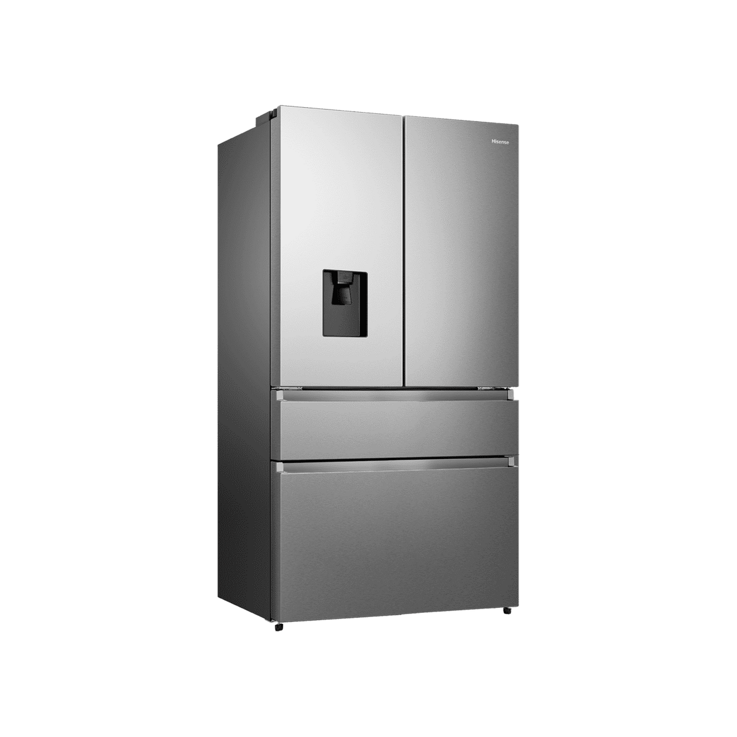 Refrigerador plateado de cuatro puertas con dispensador de agua. Exterior de acero inoxidable.