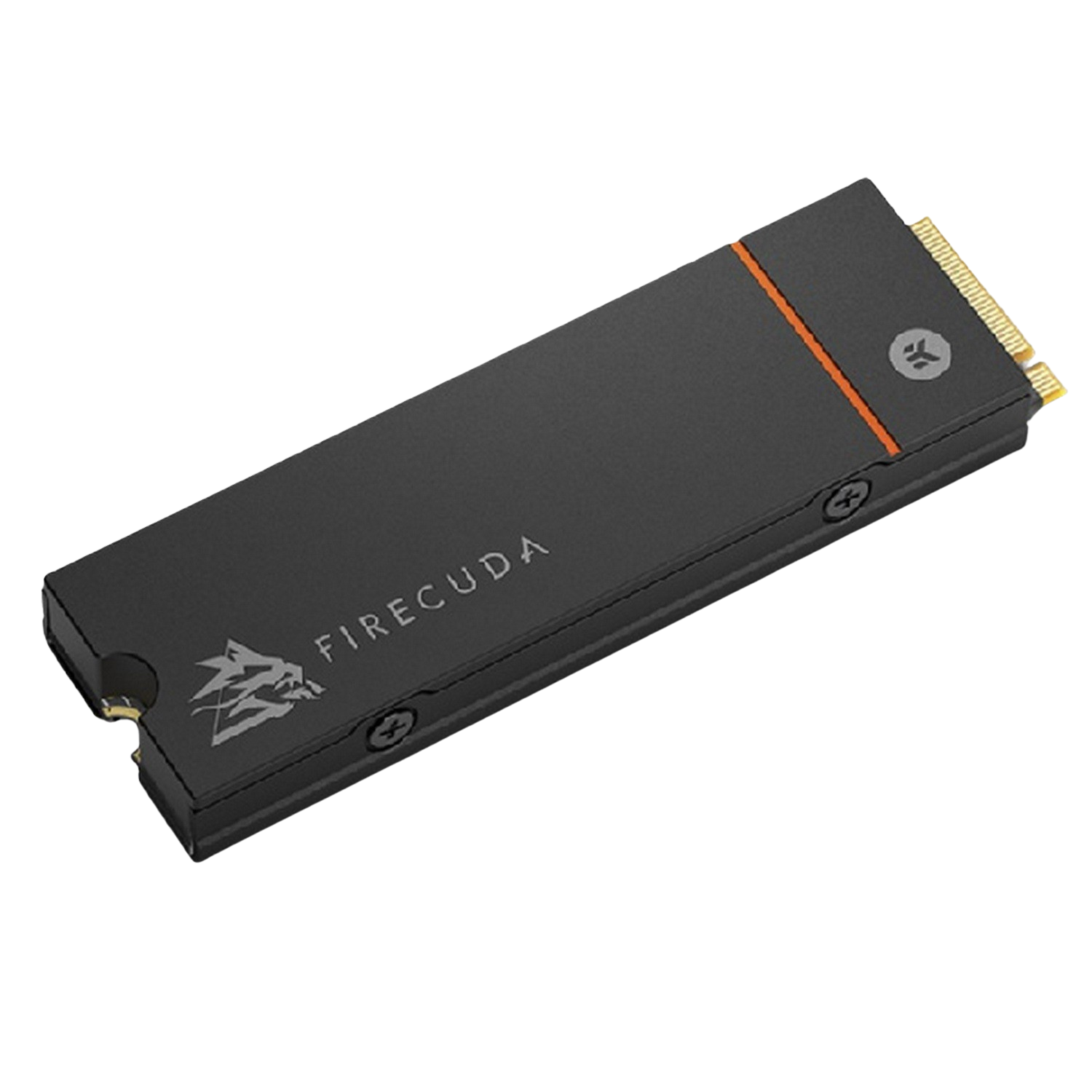 Unidad SSD FireCuda negra con franja naranja y detalles.