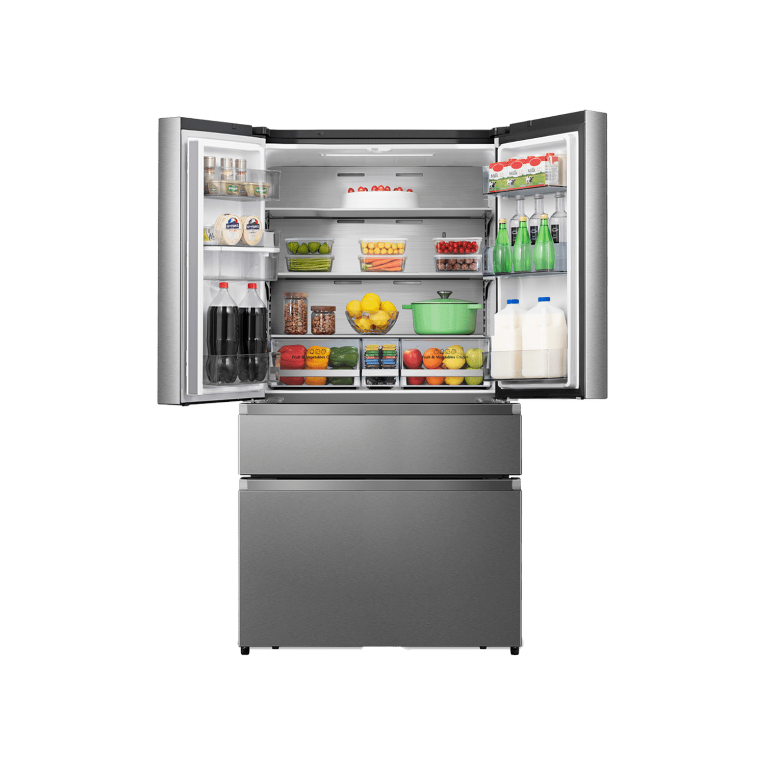 Un refrigerador moderno con puertas abiertas, mostrando alimentos en varios compartimentos.